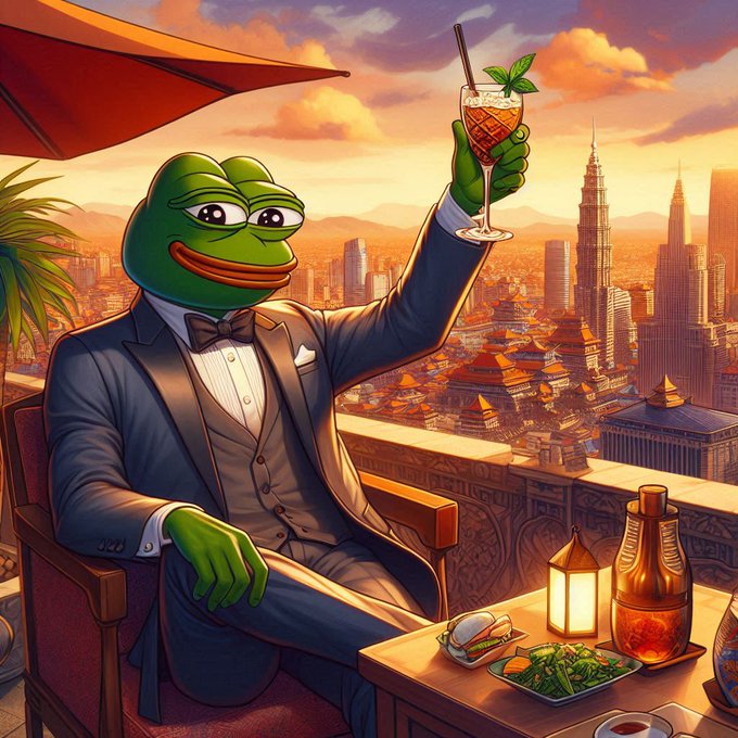 An illustration of the Pepe the Frog character dressed in a formal tuxedo, sitting on a balcony and holding up a cocktail glass with a city skyline in the background.