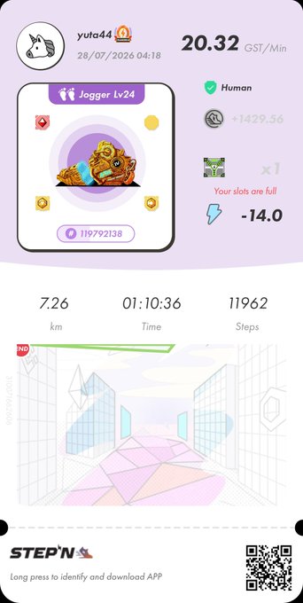 A Step'N app screenshot showing user 'yuta44' with a Jogger Lv24 sneaker, a GST/Min rate of 20.32, and stats including 7.26 km, 01:10:36 time, and 11962 steps.