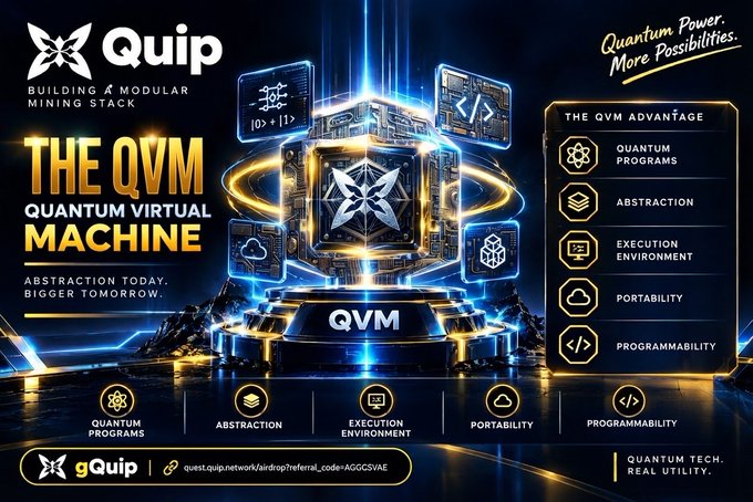 A promotional graphic for Quip's 'THE QVM' (Quantum Virtual Machine), featuring a glowing cube design and highlighting features like Quantum Programs, Execution Environment, and Portability, with a 'gQuip' link and referral code 'AGGC5VAE' visible.