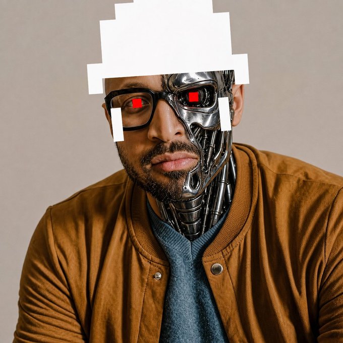 A man with glasses and a beard, wearing a brown jacket, has half of his face replaced with metallic cybernetic parts, including a red glowing robotic eye, rendered in a digital art style with some geometric artifacts.