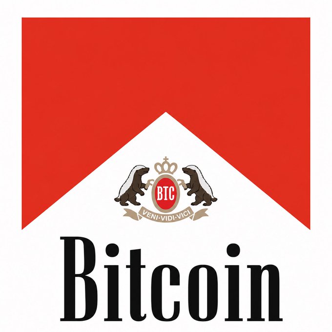 The Bitcoin logo designed as a heraldic coat of arms with a red shield, featuring two beavers flanking a central crest with 'BTC' in a red oval, a crown on top, and the Latin motto 'VENI·VIDI·VICI' on a banner, with 'Bitcoin' written below in large black text.