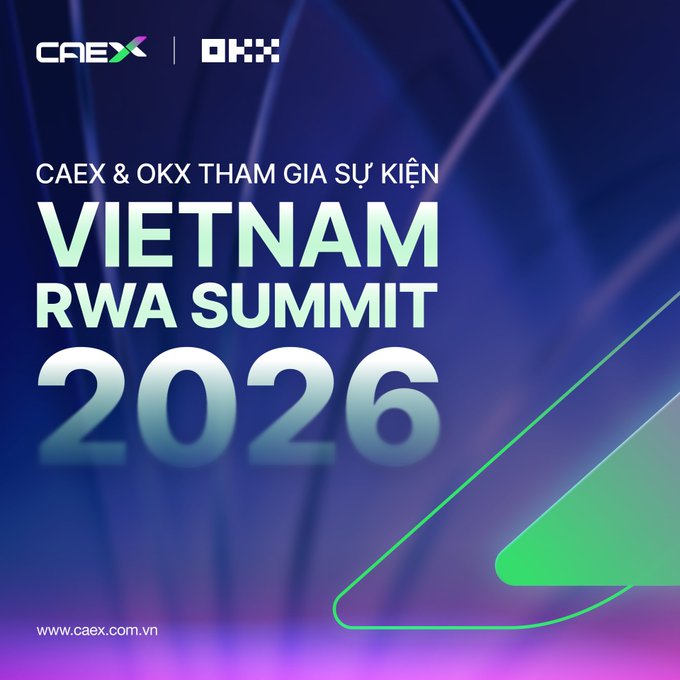 Event promotion for CAEX & OKX participating in the Vietnam RWA Summit 2026, with the website www.caex.com.vn displayed.