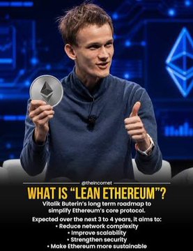 A post by @thecobanet explaining 'WHAT IS "LEAN ETHEREUM"?' featuring Vitalik Buterin holding an Ethereum coin, outlining plans to reduce network complexity, improve scalability, strengthen security, and make Ethereum more sustainable.