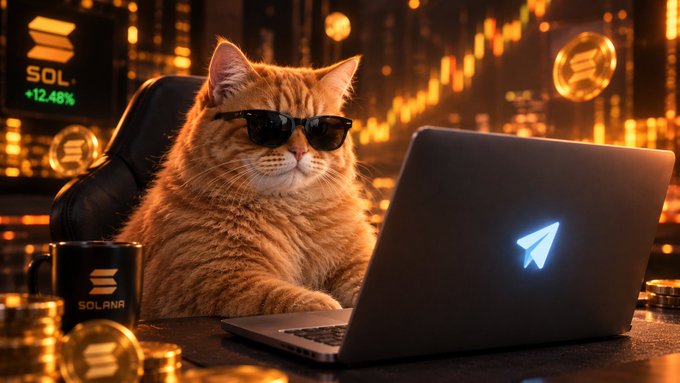 A digital illustration of an orange cat wearing sunglasses working on a laptop with the Telegram logo, surrounded by glowing SOL cryptocurrency coins and a chart showing 'SOL +12.48%'.