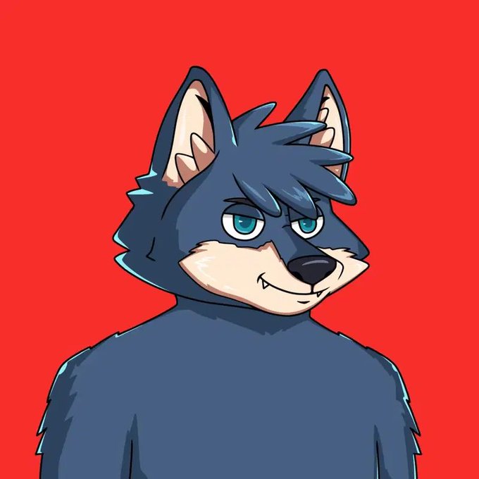 An illustration depicts an anthropomorphic blue wolf character with teal eyes and a smug expression against a solid red background.