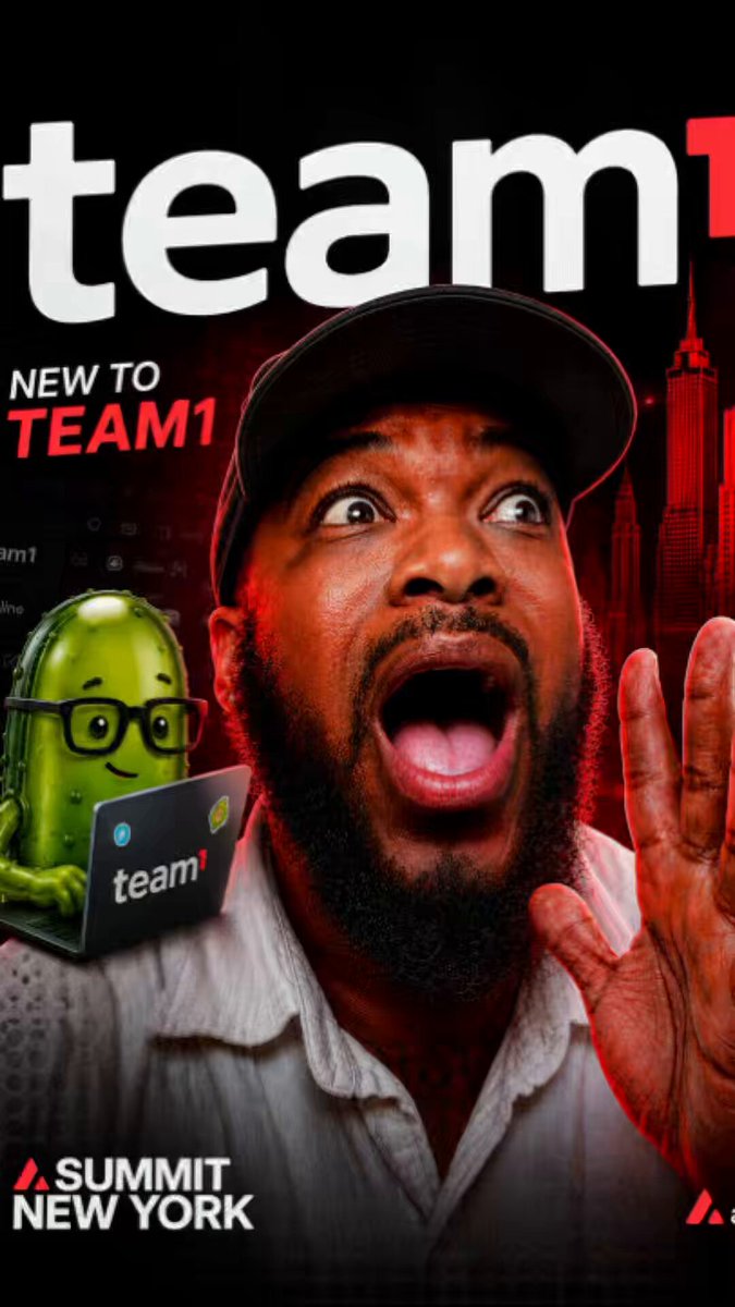 The image features a man with a beard wearing glasses and a hat standing next to a green robot. The man appears to be excited or surprised about something happening around him, possibly related to the new team project. In the background of the image, there is text that reads "Team1" and "New to Team1", indicating that this is an advertisement for a new team project.