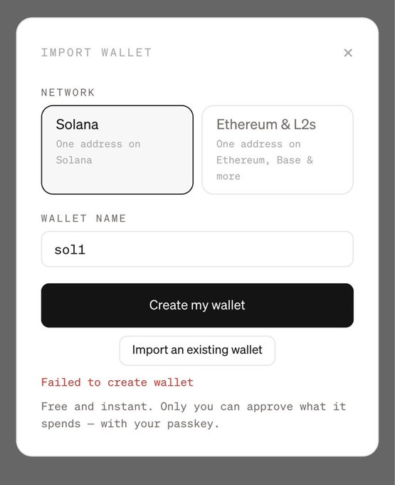 A screenshot showing MoonPay's "Import Wallet" modal with the Solana network selected and wallet name "sol1," displaying a "Failed to create wallet" error in red text — illustrating the frustrating experience of missing out on a free airdrop while also encountering technical issues.