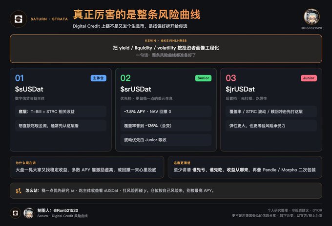 A dark-themed infographic in Chinese explaining 'Digital Credit' risk curves for $sUSDat (Senior) and $jUSDat (Junior) on Saturn - Strata, created by @Ron521520.