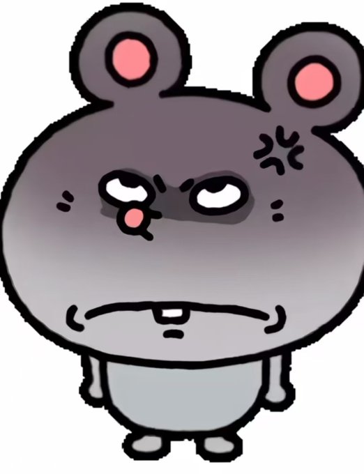 A cartoon illustration of an angry-looking gray mouse or hamster character with a red nose, furrowed brows, and two prominent front teeth.