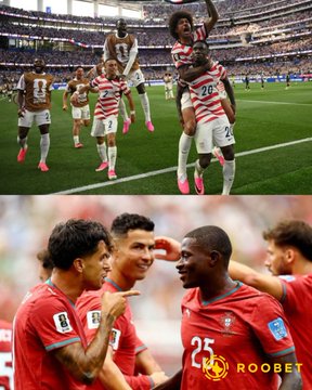 The image shows two scenes of soccer celebrations—one featuring players in red and white striped jerseys (Portugal) and another showing a player wearing a Portugal jersey with the number 25 (likely Antonio Silva), with the "ROOBET" logo visible. These visuals support the post about a high-stakes $100,000 bet placed on both Portugal and the US to win, highlighting the matchups being wagered on.