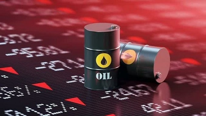 Two oil barrels with yellow oil drop symbols and the label 'OIL' sit on a dark background covered in red downward arrows and stock ticker numbers.