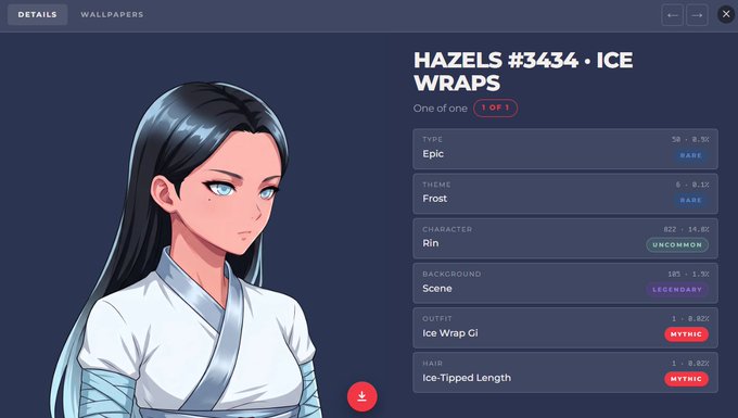 A digital profile interface showing an avatar of a dark-haired female character titled 'HAZELS #3434 - ICE WRAPS' with attributes listed as Epic Type, Frost Theme, Rin Character, Scene Background, and Mythic Ice Wrap Gi Outfit.