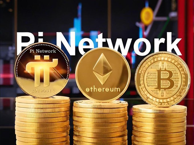 The image shows three stacks of gold coins topped with Pi Network, Ethereum, and Bitcoin tokens, with the text "Pi Network" displayed prominently above them—all set against a blurred background of cryptocurrency trading charts.

This image visualizes Pi Network's positioning alongside major established cryptocurrencies like Bitcoin and Ethereum, symbolizing its ambition to become a major player in a regulated global crypto market as legislation reshapes the industry.