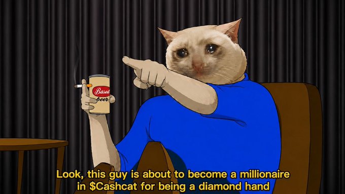 Meme of a cat-headed figure smoking a cigarette labeled 'Bailed Jeans' in a chair, pointing finger with the caption 'Look, this guy is about to become a millionaire in $Cashcat for being a diamond hand.'