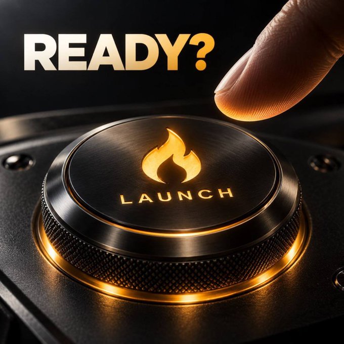 A close-up of a finger about to press a metallic 'LAUNCH' button featuring a flame icon, with the word 'READY?' displayed in gold text above.