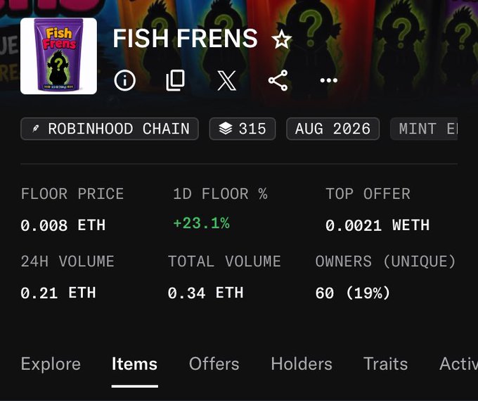 A marketplace listing for the 'FISH FRENS' NFT collection on the Robinhood Chain, showing a floor price of 0.008 ETH, a top offer of 0.0021 WETH, and 315 items.