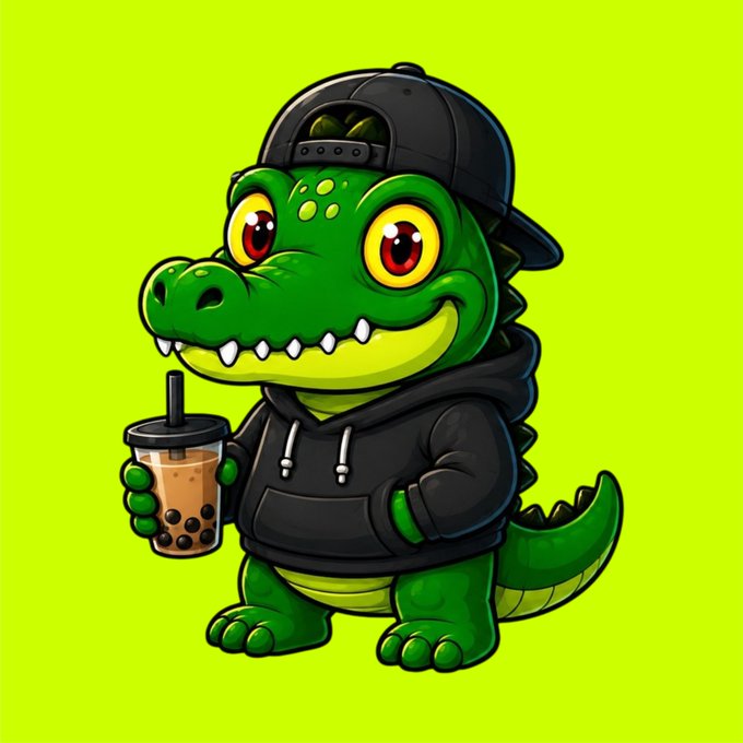 A cute cartoon crocodile character wearing a black hoodie and backward cap holds a bubble tea while standing against a bright green background, with its playful chomping smile and streetwear style perfectly matching the CHOMP brand aesthetic referenced in the OpenSea mint announcement.