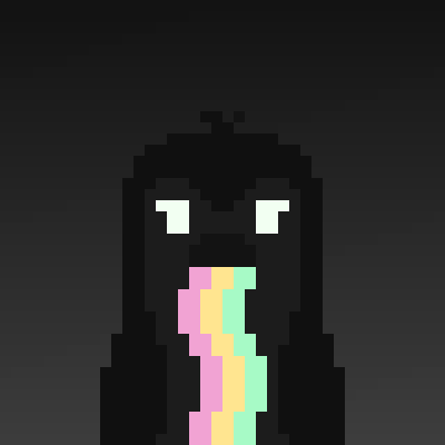 A pixel art image of a shadowy black figure with glowing white eyes and a colorful tie-dye-like pattern on its chest against a dark background.