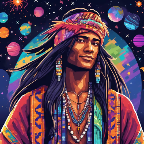 Colorful digital artwork of a person with long dark hair wearing a vibrant patterned headband and multiple beaded necklaces, set against a cosmic background with planets and stars.