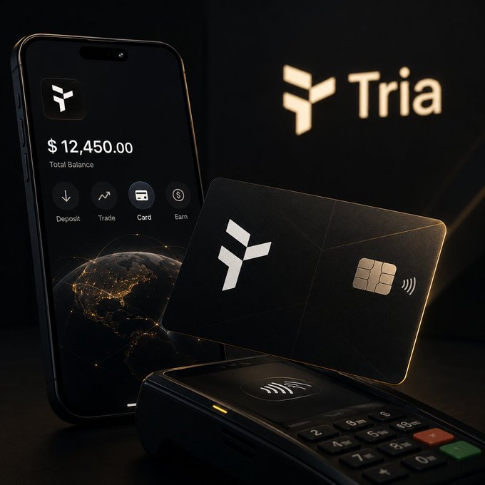 A 3D product mockup for a fintech brand called 'Tria', displaying a smartphone app showing a balance of '$12,450.00' alongside a black credit/debit card and a point-of-sale payment terminal, all featuring the Tria logo.