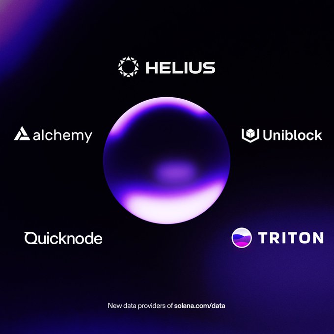 A dark, purple-lit graphic features a glowing gradient orb at the center surrounded by the logos of five data providers—HELIUS, Alchemy, Uniblock, Quicknode, and TRITON—with the caption "New data providers of solana.com/data" displayed below, visually representing the newly integrated RPC benchmarking partners highlighted in the post.