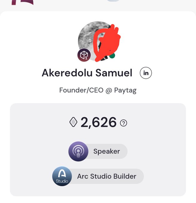 Profile card for Akeredolu Samuel, Founder/CEO @ Paytag, showing a token balance of 2,626, a Speaker role, and Arc Studio Builder badge.
