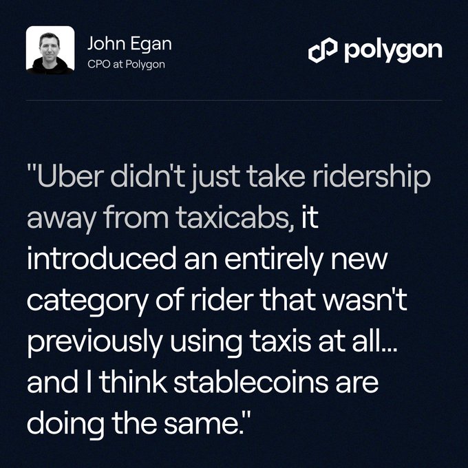 A quote card attributed to John Egan, CPO at Polygon, stating: 'Uber didn't just take ridership away from taxicabs, it introduced an entirely new category of rider that wasn't previously using taxis at all... and I think stablecoins are doing the same.'