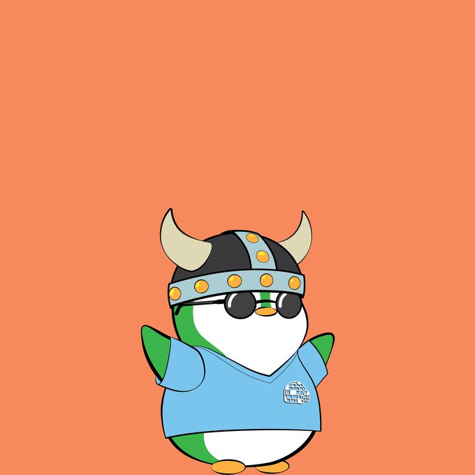 A cartoon penguin character dressed as a Viking with a horned helmet, sunglasses, and a blue t-shirt standing against an orange background.