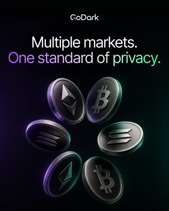 A promotional graphic for GoDark featuring the text 'Multiple markets. One standard of privacy.' above an arrangement of 3D cryptocurrency coins including Ethereum, Bitcoin, and Solana.