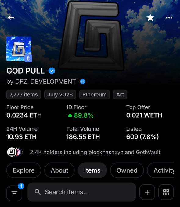 Screenshot of an NFT collection page for 'GOD PULL' by DFZ_DEVELOPMENT on the Ethereum blockchain, showing 7,777 items, a floor price of 0.0234 ETH, and 24H volume of 10.93 ETH.