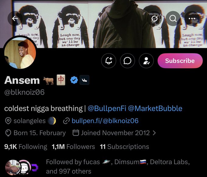 The image shows the Twitter/X profile of "Ansem" (@blknoiz06), a Solana NFT influencer with 1.1M followers, featuring the iconic "Laugh now, but one day we'll be in charge" gorilla banner. The caption relates to the post by highlighting how people are eager for a potential $ANSEM airdrop from this prominent crypto personality, with the poster humorously claiming they only want a follow back instead.