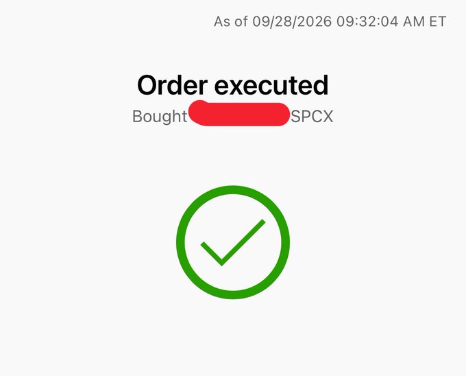 An order confirmation screen showing 'Order executed' with a green checkmark, indicating a buy order of SPCX was completed as of 09/28/2026 09:32:04 AM ET.
