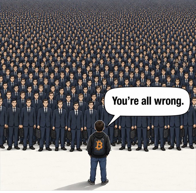 A lone figure wearing a Bitcoin-logo backpack stands facing a massive, uniform crowd of businessmen in suits, with a speech bubble declaring "You're all wrong." The illustration symbolizes a contrarian cryptocurrency advocate standing against mainstream consensus.
