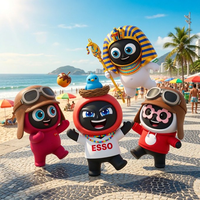 A colorful 3D-rendered scene of plush toy mascots wearing aviator hats and Egyptian pharaoh headdress posing on a sunny beach boardwalk, with one wearing an 'ESSO' shirt.