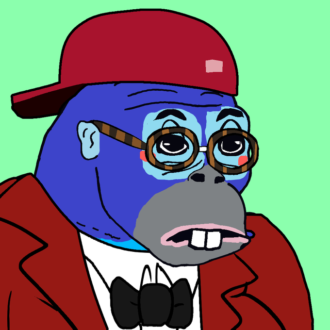 A cartoon illustration of a blue gorilla wearing a red baseball cap, glasses, and a red jacket with a black bow tie.