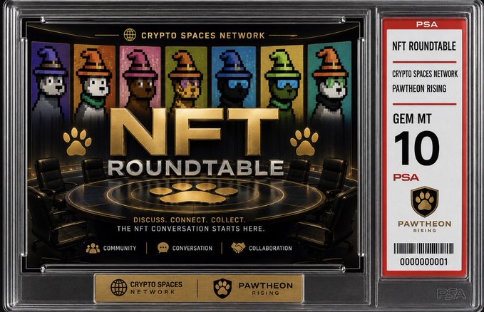 PSA-graded NFT collectible card titled 'NFT Roundtable' from Crypto Spaces Network and Pawtheon Rising, labeled as GEM MT 10 with serial number 000000001.