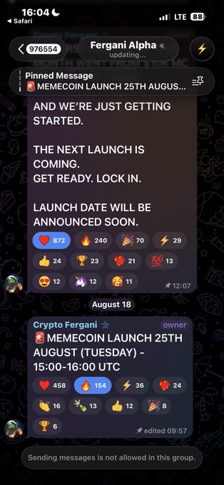 A Telegram chat screenshot from a group called "Fergani Alpha" showing pinned messages about a "MEMECOIN LAUNCH 25TH AUGUST (TUESDAY) - 15:00-16:00 UTC" with various reaction emojis.