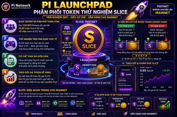 A Vietnamese-language promotional infographic for Pi Network's PI LAUNCHPAD featuring the SLICE testnet token, explaining testnet distribution phases, AMM mechanics, and price tracking.