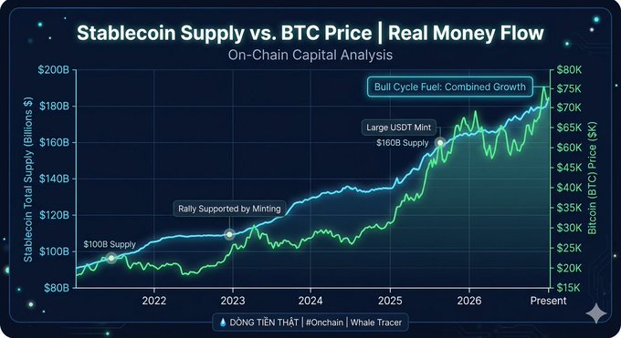 A financial chart titled "Stablecoin Supply vs. BTC Price | Real Money Flow" showing the growth of stablecoin total supply (blue) and Bitcoin price (green) from 2022 to present, noting a "Large USDT Mint - $160B Supply" and "Rally Supported by Minting."