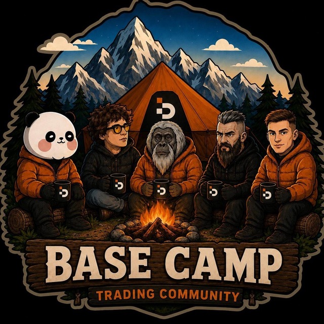 Five cartoon figures—including a panda, a monk, a yeti, a Viking, and a young man—gather around a campfire with mugs in hand, set against snowy mountains and a tent marked with the "₿" symbol, above a wooden sign reading "BASE CAMP TRADING COMMUNITY." The illustration visualizes the post's invitation to join a laid-back, fee-free crypto trading group hosted by @theCryptoMonk, @TeddyCleps, @SatoshiFlipper, @VikingXBT, and @cryptorangutang.
