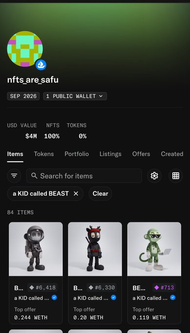 An NFT portfolio page titled 'nfts are safu' showing a USD value of $4M, with a search filter for 'a KID called BEAST' displaying 84 items including several 'BE' listed NFTs with various top offers.