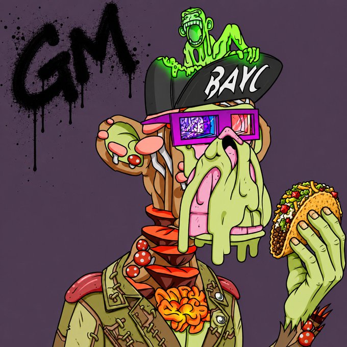 A grotesque cartoon illustration featuring a zombie-like character with exposed brain and intestines, wearing a cap labeled 'BAYC', holding a taco, with graffiti-style text 'GM' in the background.