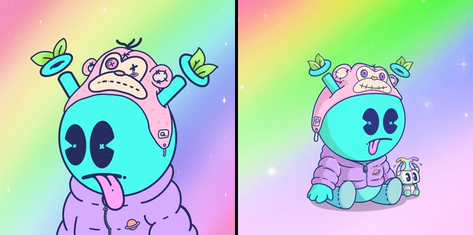 A colorful two-panel illustration showing a teal-skinned character wearing a patched bear hat and purple outfit, holding a small plant-like object and a tiny game console.