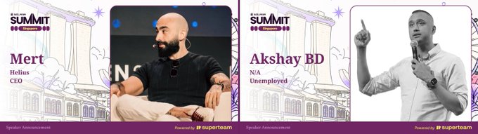 Two speaker announcement cards for "THE SUMMIT" featuring Mert (Helius, CEO) and Akshay BD (Unemployed), presented by superteam.