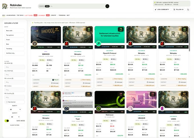 The image shows the updated, cleaner interface of Robindex, a Roblox player token scanner, displaying trending calls such as "SINEHOOD" at $1.50M market cap and "Metaplex" at $3.5K, alongside filter options like "New calls" and "Top gainers." This reflects the post's note about polishing the site's design before launching the official contract.