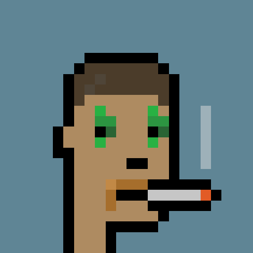 A blocky, pixel-art figure with bright green eyes smokes a cigarette against a blue background, fitting the edgy aesthetic of CryptoPunks NFT collection. The image accompanies an announcement about Punk 8963 being used as collateral for a 50.4 ETH loan on the GONDI platform at 148.8% origination LTV.