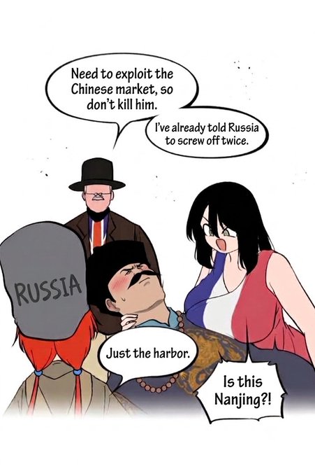 A manga-style illustration depicting historical figures, including one labeled 'RUSSIA', with dialogue referencing Nanjing, China, and geopolitical conflicts.