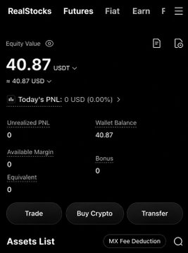 A screenshot of the MEXC mobile app showing an Equity Value of 40.87 USDT with a 0 USDT wallet balance, illustrating the "$40 Futures Bonus" promotion. The interface displays an "Assets List" section with options to Trade, Buy Crypto, or Transfer, reflecting the required steps of completing KYC, depositing funds, and generating trading volume to unlock the bonus.
