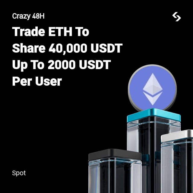 The image features a black background with a white text box that reads "Trade ETH To Share 40,000 USDT Up To 2,000 USDT Per User" at the top of the image. Below this, there are three different colored cubes stacked on top of each other in descending order from largest to smallest. The cubes have varying shades of blue and black colors.