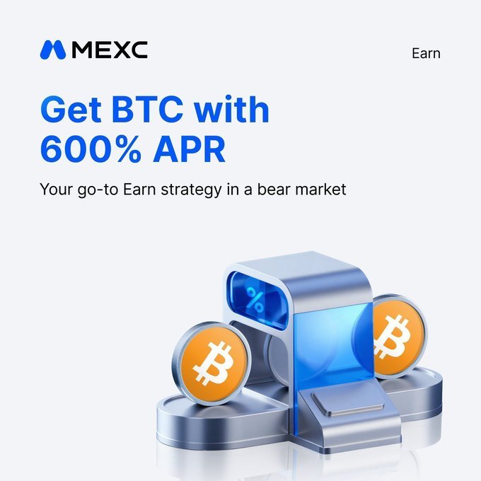 A MEXC "Earn" promotional graphic featuring the headline "Get BTC with 600% APR — Your go-to Earn strategy in a bear market," accompanied by 3D illustrations of Bitcoin coins and a percentage symbol, visually reinforcing the campaign's offer to deposit USDT and earn BTC rewards at 600% APR.